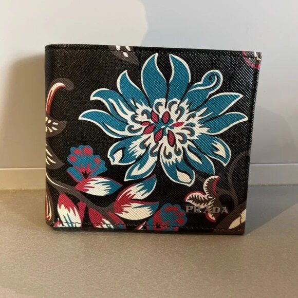 Prada Ramage Nero Saffiano Floral Bifold Wallet - Picture 1 of 7